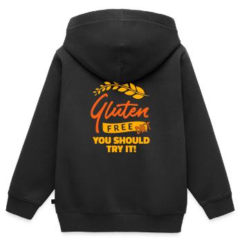 Glutenfrei - Kinder Premium Organic Zip Hoodie - Schwarz - Hinten - AI Model Kid Male (0cm)