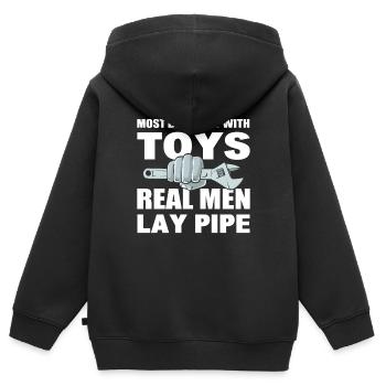 Echte Männer legen Pfeife Fitter dämpfen - Kinder Premium Organic Zip Hoodie - Schwarz - Hinten - AI Model Kid Male (0cm)