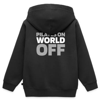 Pilates Pilates sur World Off - Sweat Premium à capuche zippé enfant bio - noir - Dos - AI Model Kid Male (0cm)