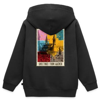 Aix-la-Chapelle Allemagne Ville Skyline Timbre Coloré - Sweat Premium à capuche zippé enfant bio - noir - Dos - AI Model Kid Male (0cm)