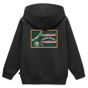 Einschulungs T-Shirt "Endlich Schule!" - Kinder Premium Organic Zip Hoodie - Schwarz - Hinten - AI Model Kid Male (0cm)