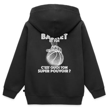 Basket Super pouvoir idée cadeau Humour Homme - Sweat Premium à capuche zippé enfant bio - noir - Dos - AI Model Kid Male (0cm)