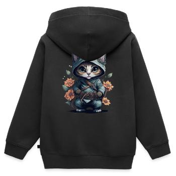 Montrez votre soif d’aventure avec le chat ninja - Sweat Premium à capuche zippé enfant bio - noir - Dos - AI Model Kid Male (0cm)
