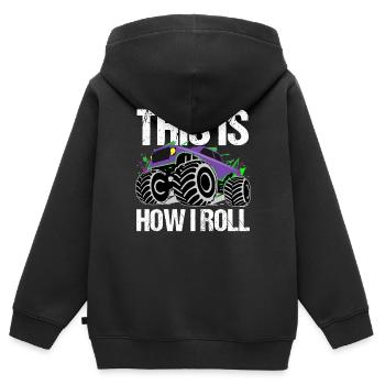 Rollender Monstertruck Abenteuer Drang - Kinder Premium Organic Zip Hoodie - Schwarz - Hinten - AI Model Kid Male (0cm)