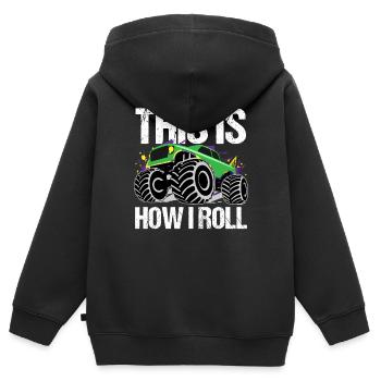 Rollender Monstertruck Abenteuer Drang - Kinder Premium Organic Zip Hoodie - Schwarz - Hinten - AI Model Kid Male (0cm)