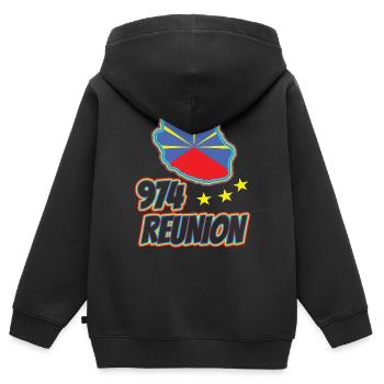 idee cadeau drapeau carte ile de la reunion 974 - Sweat Premium à capuche zippé enfant bio - noir - Dos - AI Model Kid Male (0cm)