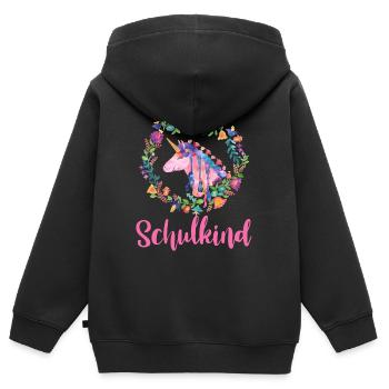 Licorne Fleurs Coloré Écolier - Sweat Premium à capuche zippé enfant bio - noir - Dos - AI Model Kid Male (0cm)