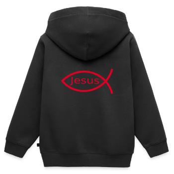Jésus poisson Ichthys poisson poisson poisson - Sweat Premium à capuche zippé enfant bio - noir - Dos - AI Model Kid Male (0cm)