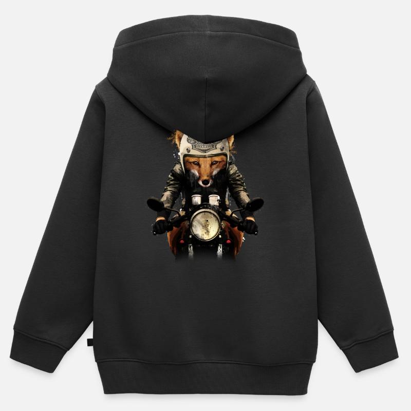 Fox Biker - Renard motard - Sweat Premium à capuche zippé enfant bio - noir
