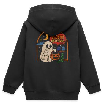 Halloween Salutations fantomatiques Fantôme effrayant - Sweat Premium à capuche zippé enfant bio - noir - Dos - AI Model Kid Male (0cm)