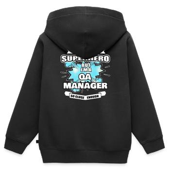 QA Manager Gift Superhero QA Manager - Sweat Premium à capuche zippé enfant bio - noir - Dos - AI Model Kid Male (0cm)