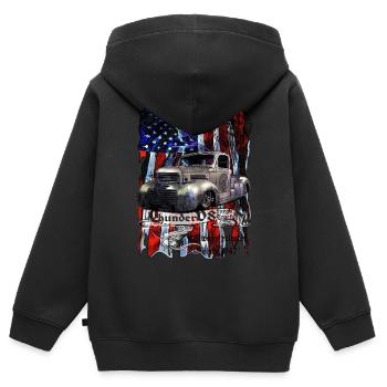 Camion Thunder V8 Fargo depuis 1947 100% satisfait - Sweat Premium à capuche zippé enfant bio - noir - Dos - AI Model Kid Male (0cm)