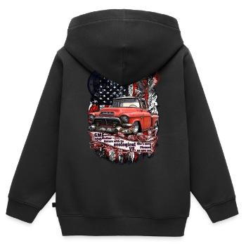 Légendaire V8 Pick Up Truck drapeau américain - Sweat Premium à capuche zippé enfant bio - noir - Dos - AI Model Kid Male (0cm)