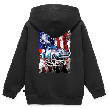 V8 Chevy Pickup Truck auf Amerikanischer Flagge - Kinder Premium Organic Zip Hoodie - Schwarz - Hinten - AI Model Kid Male (0cm)