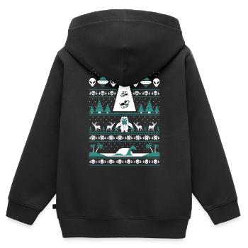 Ovnis Yeti Loch Ness Noël moche - Sweat Premium à capuche zippé enfant bio - noir - Dos - AI Model Kid Male (0cm)
