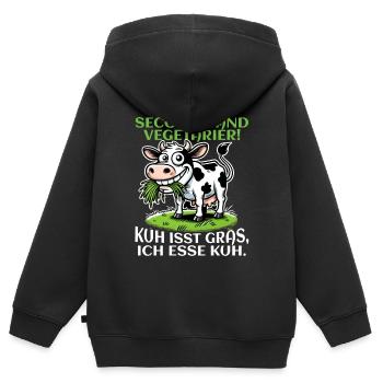 Ich bin Second Hand Vegetarier - Kuh Meme - Kinder Premium Organic Zip Hoodie - Schwarz - Hinten - AI Model Kid Male (0cm)