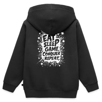 ESSEN, SCHLAFEN, SPIELEN, EROBERN, WIEDERHOLEN - Kinder Premium Organic Zip Hoodie - Schwarz - Hinten - AI Model Kid Male (0cm)