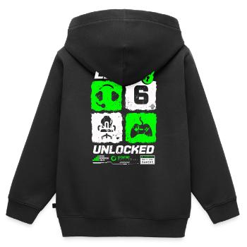 Niveau débloqué Gamer Anniversaire 6 ans - Sweat Premium à capuche zippé enfant bio - noir - Dos - AI Model Kid Male (0cm)