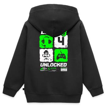 Niveau débloqué Gamer Anniversaire 4 ans - Sweat Premium à capuche zippé enfant bio - noir - Dos - AI Model Kid Male (0cm)