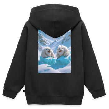 Des yétis dévalent joyeusement les pentes enneigées en traîneau - Sweat Premium à capuche zippé enfant bio - noir - Dos - AI Model Kid Male (0cm)