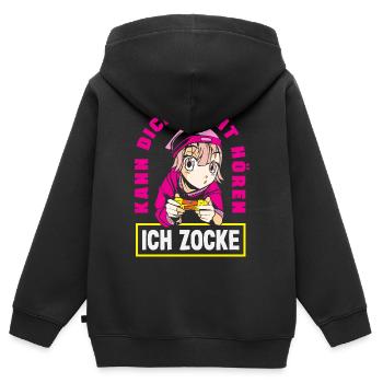 Je ne t’entends pas – je joue - Sweat Premium à capuche zippé enfant bio - noir - Dos - AI Model Kid Male (0cm)