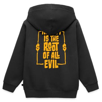 L’argent racine Capitalisme maléfique Cupidité Riches financiers - Sweat Premium à capuche zippé enfant bio - noir - Dos - AI Model Kid Male (0cm)