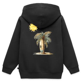 Scène de la planche de surf Sunlit Palm - Sweat Premium à capuche zippé enfant bio - noir - Dos - AI Model Kid Male (0cm)
