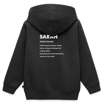 Conception de cadeau de nom de Sarah - Sweat Premium à capuche zippé enfant bio - noir - Dos - AI Model Kid Male (0cm)