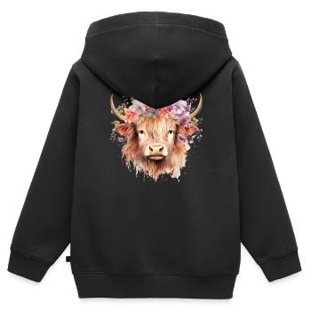 Highland Serenade : Hommage à la ferme bovine écossaise - Sweat Premium à capuche zippé enfant bio - noir - Dos - AI Model Kid Male (0cm)