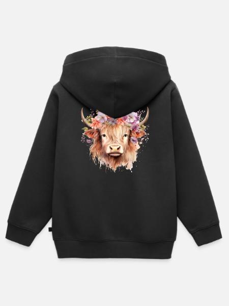 Highland Serenade: Tribute to Scottish Cattle Farm - Kids Premium Organic Zip-up Hoodie - black