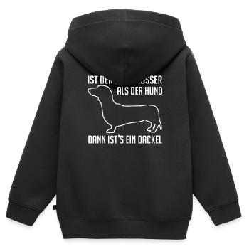 Dackel ist mutig, der Dackel hat ein großes Herz - Kinder Premium Organic Zip Hoodie - Schwarz - Hinten - AI Model Kid Male (0cm)
