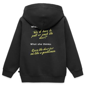 Öffnen Sie es wie ein Gentleman! - Kinder Premium Organic Zip Hoodie - Schwarz - Hinten - AI Model Kid Male (0cm)