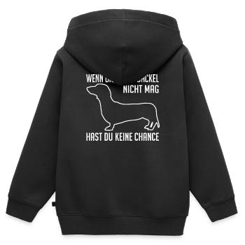 Dackel ist mutig, der Dackel hat ein großes Herz - Kinder Premium Organic Zip Hoodie - Schwarz - Hinten - AI Model Kid Male (0cm)