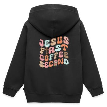 Jesus First Coffee Second - Kinder Premium Organic Zip Hoodie - Schwarz - Hinten - AI Model Kid Male (0cm)