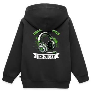 Je ne t’entends pas, je joue - Sweat Premium à capuche zippé enfant bio - noir - Dos - AI Model Kid Male (0cm)