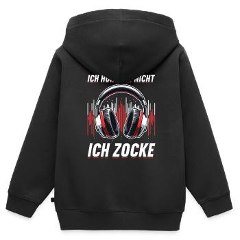 Je ne t’entends pas, je joue - Sweat Premium à capuche zippé enfant bio - noir - Dos - AI Model Kid Male (0cm)