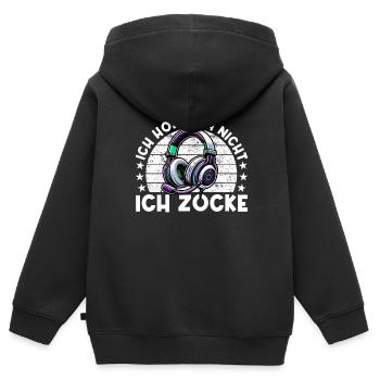 Je ne t’entends pas, je joue - Sweat Premium à capuche zippé enfant bio - noir - Dos - AI Model Kid Male (0cm)