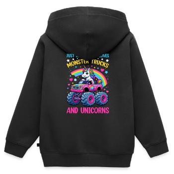 Monster Truck Einhorn Geburtstagsfeier Mädchen - Kinder Premium Organic Zip Hoodie - Schwarz - Hinten - AI Model Kid Male (0cm)