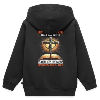 Service d’adoration des croyants catholiques chrétiens de Jésus - Sweat Premium à capuche zippé enfant bio - noir - Dos - AI Model Kid Male (0cm)