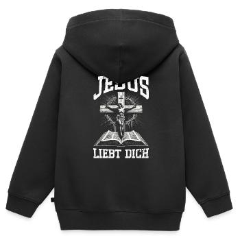 Service d’adoration des croyants catholiques chrétiens de Jésus - Sweat Premium à capuche zippé enfant bio - noir - Dos - AI Model Kid Male (0cm)