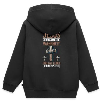 Service d’adoration des croyants catholiques chrétiens de Jésus - Sweat Premium à capuche zippé enfant bio - noir - Dos - AI Model Kid Male (0cm)
