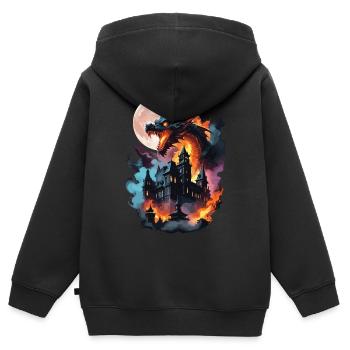 DRAGON MIDNIGHT BLAZE: STADT IN FLAMMEN, MONDCHAOS - Kinder Premium Organic Zip Hoodie - Schwarz - Hinten - AI Model Kid Male (0cm)
