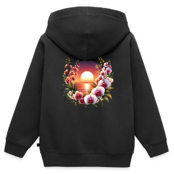 Coucher de soleil sur les orchidées - Sweat Premium à capuche zippé enfant bio - noir - Dos - AI Model Kid Male (0cm)