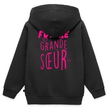 Grande sœur Cadeau La famille S'Agrandit - Sweat Premium à capuche zippé enfant bio - noir - Dos - AI Model Kid Male (0cm)