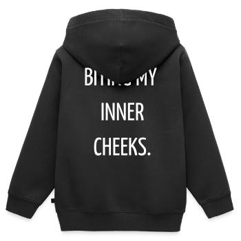 Ich beiße mir in die inneren Wangen - Kinder Premium Organic Zip Hoodie - Schwarz - Hinten - AI Model Kid Male (0cm)