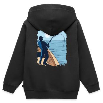 Fischer Fischen Fisch Mond Nacht Fischer Fischen F - Kinder Premium Organic Zip Hoodie - Schwarz - Hinten - AI Model Kid Male (0cm)