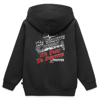 Nous survivons par Prepping Nous Prep Survivre - Sweat Premium à capuche zippé enfant bio - noir - Dos - AI Model Kid Male (0cm)
