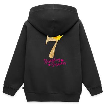 7 Anniversaire Princesse 7e anniversaire né 2012 - Sweat Premium à capuche zippé enfant bio - noir - Dos - AI Model Kid Male (0cm)