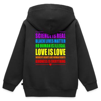 PRIDE RAINBOW LOVE SCIENCE BLACK WOMANS RIGHTS HUM - Sweat Premium à capuche zippé enfant bio - noir - Dos - AI Model Kid Male (0cm)
