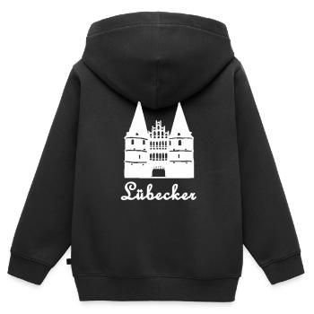 Aufdruck Lübecker mit dem Holstentor Lübeck - Kinder Premium Organic Zip Hoodie - Schwarz - Hinten - AI Model Kid Male (0cm)